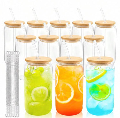 Glass Cups with Bamboo Lids and Straws 16oz Can Shaped Reusable great for UVDTF WRAPS